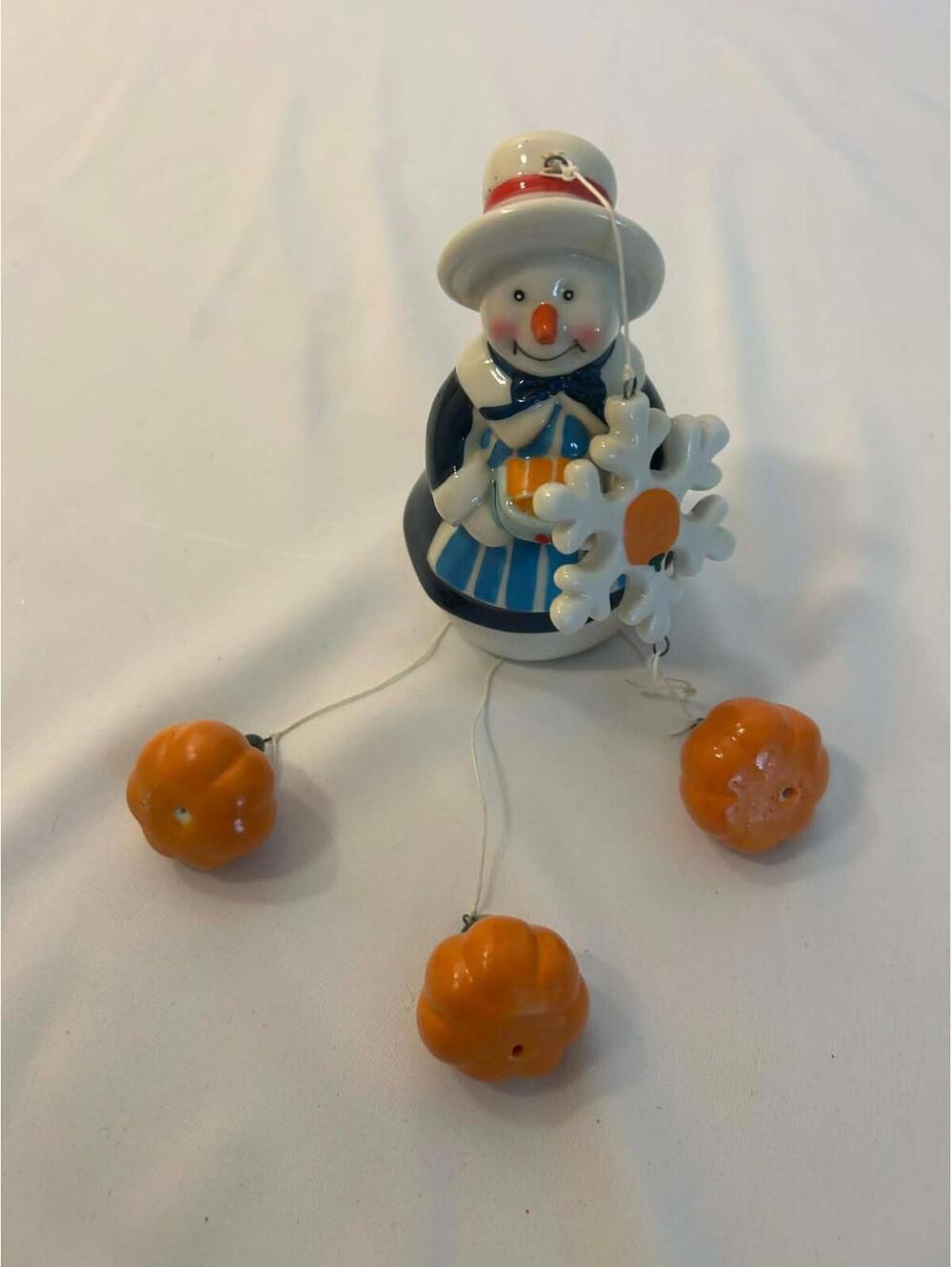 Ceramic Snowman Figurine With Dangling Pumpkin Legs & Snowflake | Ornament